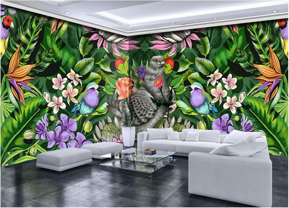 3d wallpaper custom photo murals Hand drawn tropical plants flowers and birds cartoon american wallpaper for walls 3 d living room