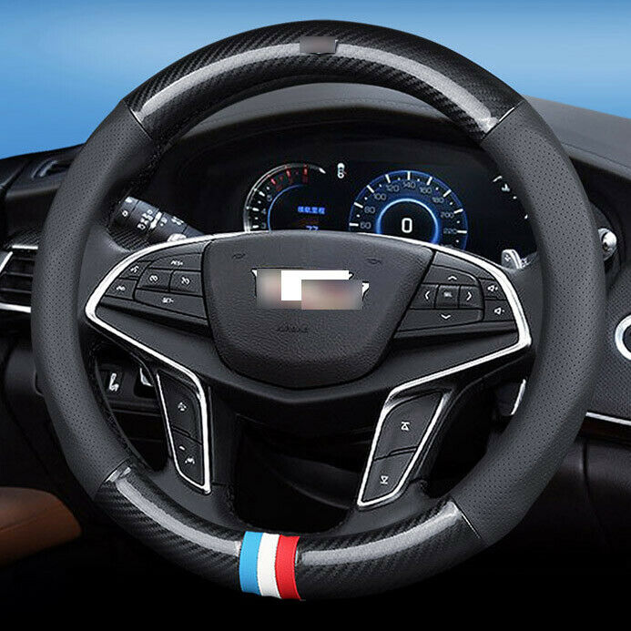 For Cadillac Car Steering Wheel Cover antislip Carbon Fiber Leather Size 15 inch