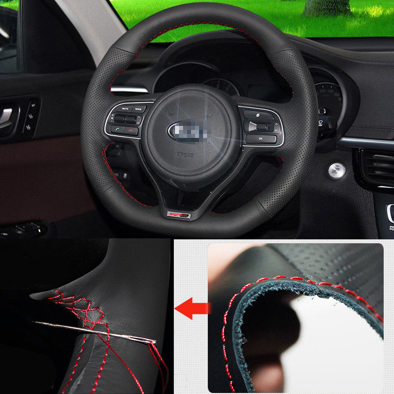 For Kia K5 2016 Car Steering Wheel Cover Non-slip DIY Hand Sewing Black Leather