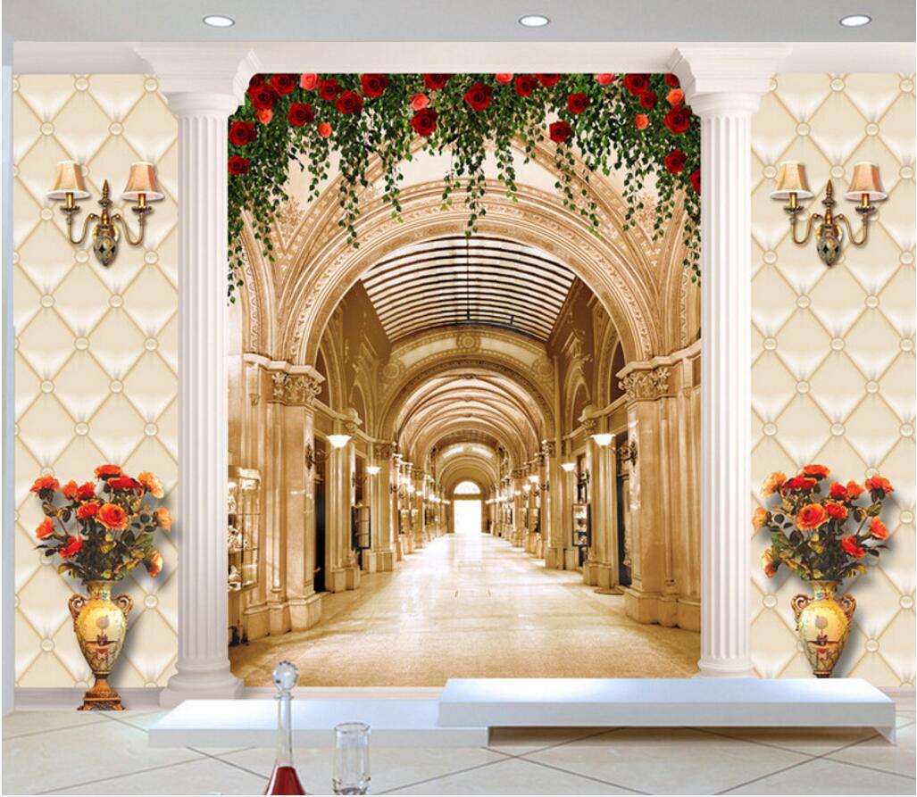WDBH 3d wallpaper custom photo European hall promenade soft pack column rose vine vase living room 3d wall murals wallpaper for walls 3 d