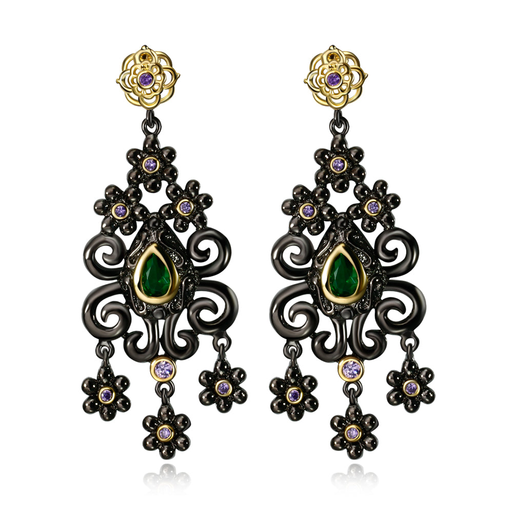 Beautiful Dangle Earrings Green Cubic Zirconia Stones Flower Vintage Jewellery Black color Jewelry Drop earring for women