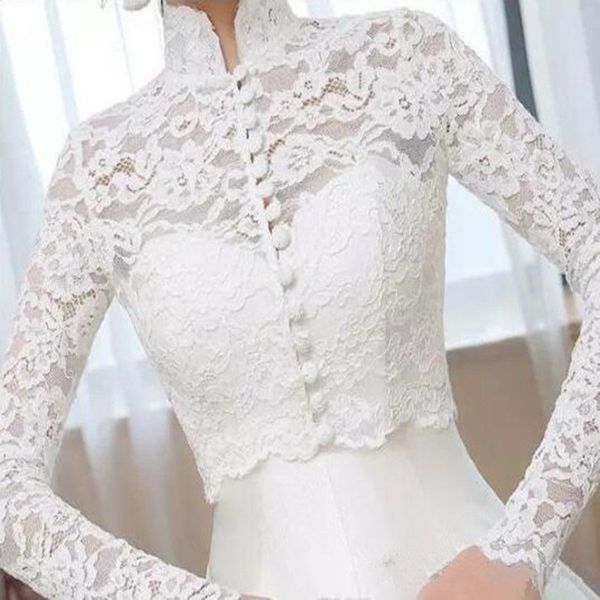 Vintage New White-Ivory Wedding Jacket Bridal Boleros Long Sleeve Lace Applique Top High Neck Custom Made Wraps Jackets