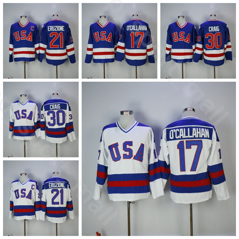 1980 USA Ice Hockey 17 Jack Ocallahan Jersey Men Vintage 30 Jim Craig 21 Mike Eruzione Jerseys University All Stitched Blue Home White