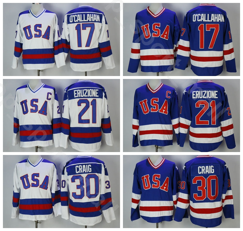 1980 USA Ice Hockey 21 Mike Eruzione Jersey Men College 17 Jack Ocallahan 30 Jim Craig Vintage Stitched Team Color Blue Away White