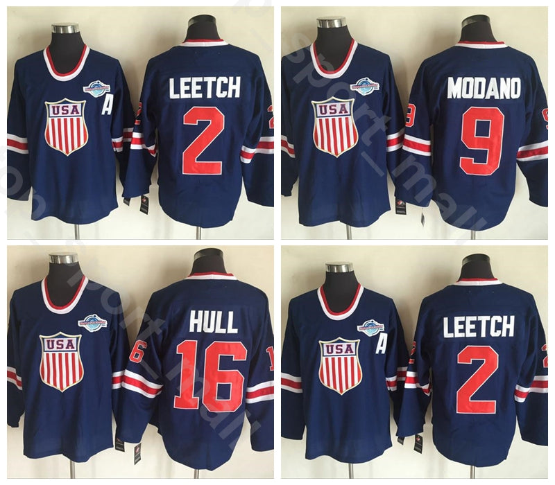 2002 Team USA Ice Hockey 16 Brett Hull Jersey Men Vintage Navy Blue Home 2 Brian Leetch 9 Mike Modano Jerseys All Stitched
