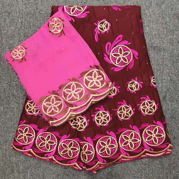 5Yards High grade wine african cotton fabric with flower embroidery and 2yards french pink net lace set for dress HC9-4