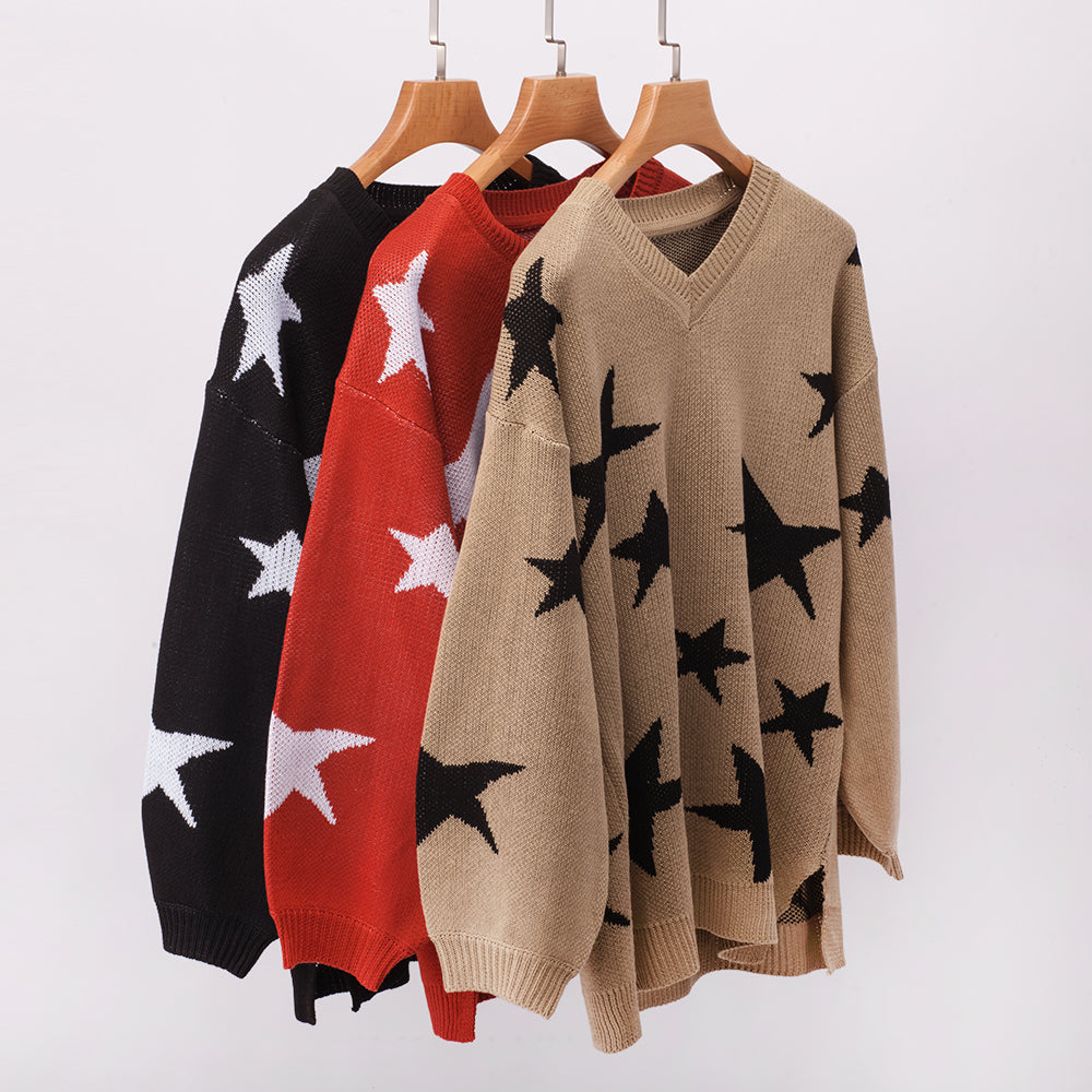 2019 New Plus Size Autumn Winter Knitting Casual Long Sleeve Star pattern Sweater Loose Female Sweaters Fashion Women Clothing SJ3100