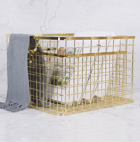 Nordic Wind Electroplated Gold Belt Storage Baskets Handheld Metal Iron Art Receiving Basket Dirty Clothes Household Suppl