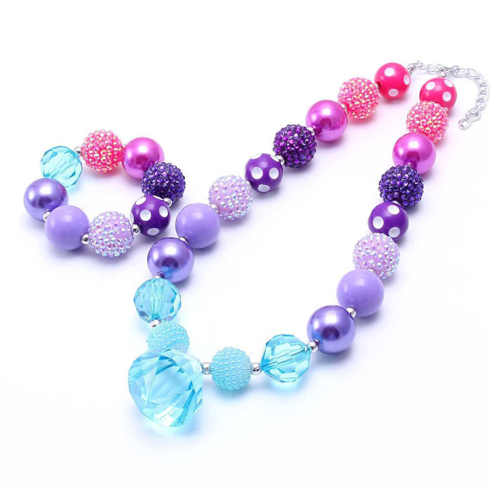 Purple+Blue Color Kid Chunky Necklace Bracelet Set Fashion DIY Children Girl Toddler Bubblegum Chunky Bead Necklace Jewelry Set