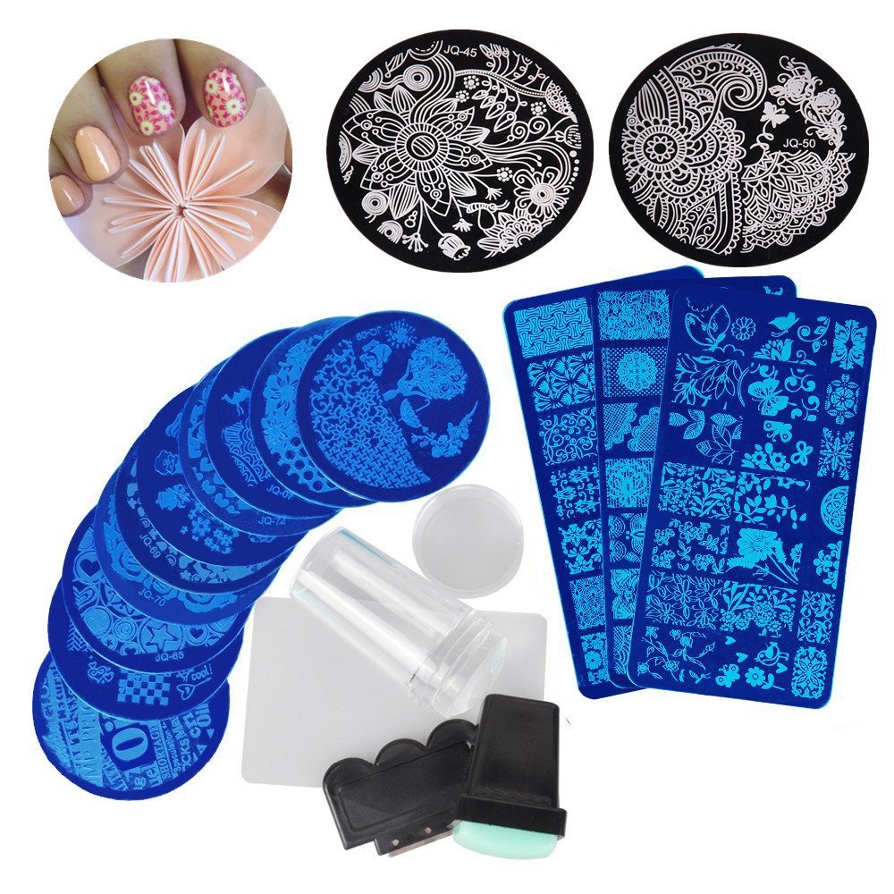 13Pcs Lace Rose Flower Forest Image Nail Plates + 2 Stamper Scraper Set Nail Art Stamping Plate Art Tools