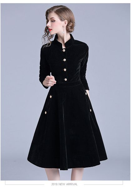 2018 New Black Vintage Dress Women Elegant Slim Long Sleeved Velvet Party Dress Office Wear Autumn Winter Long Robe Vestidos