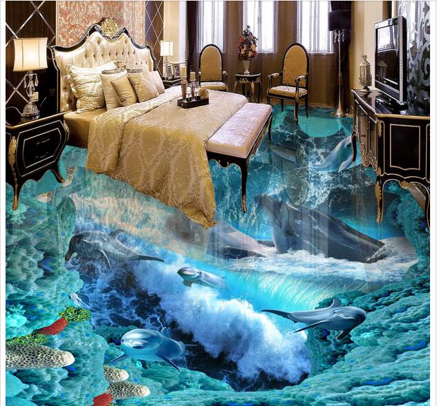 WDBH 3d pvc flooring custom photo Self-adhesive wall paper floor sea dolphin Wave home decor 3d wall murals wallpaper for living room
