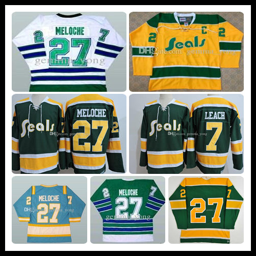 Retro Full Stitched Men&#039;s 1970s CALIFORNIA GOLDEN SEALS Blue Green Yellow White Gilles Meloche 27 Reggie Leach 7 Cheapest Hockey Jersey