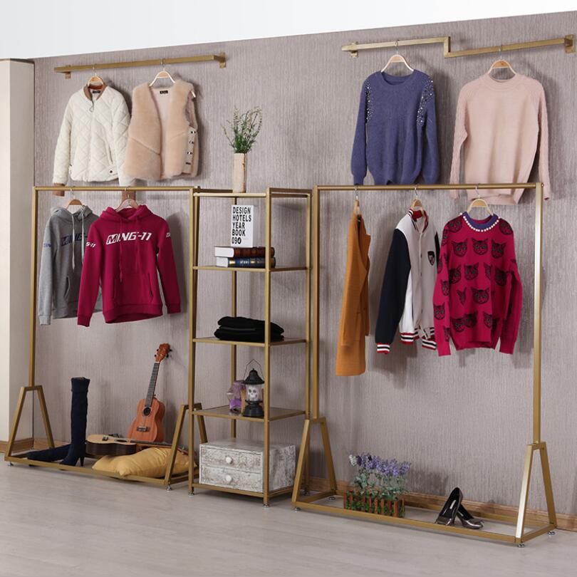 Clothing store display racks Bedroom Furniture gold floor type Clothes rack decoration of women&#039;s cloth shop shelf