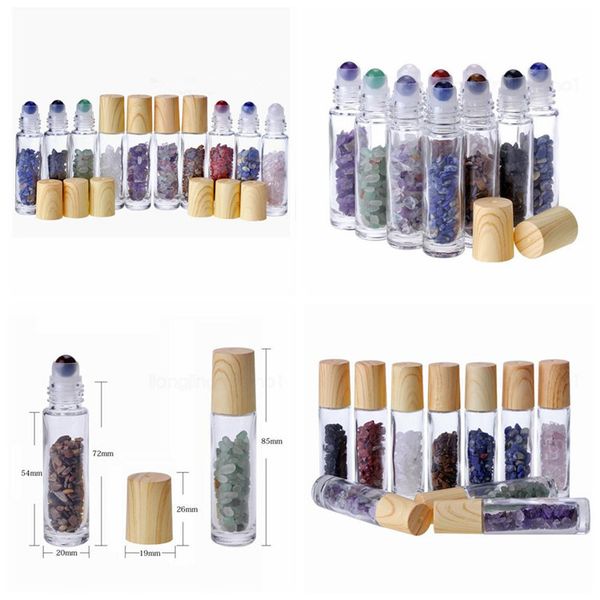 10 ml Essential Oil Diffuser Clear Glass Roll on Perfume Bottles Natural Crystal Quartz Stone Grain Roller Ball Bottles T9I00167