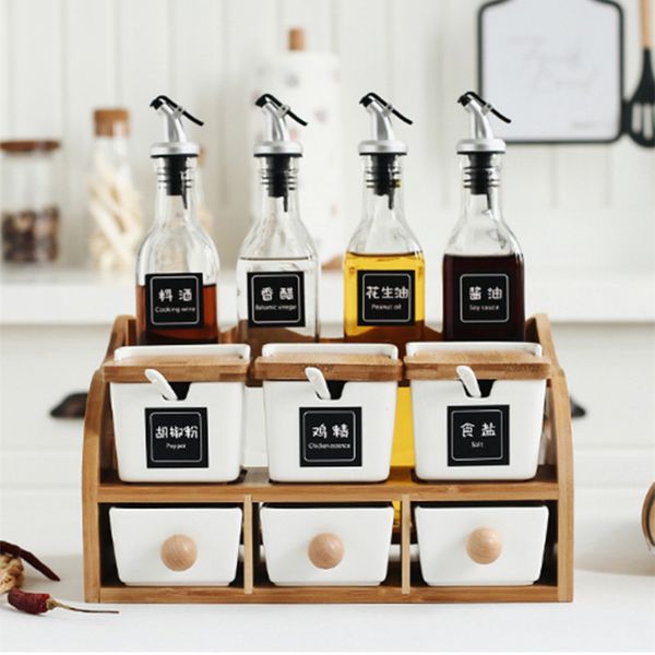 European double-layer jar set , Ceramic seasoningVersatile ,oil bottles,spice rack vinegar pot,oil seasoning box Kitchen shelf
