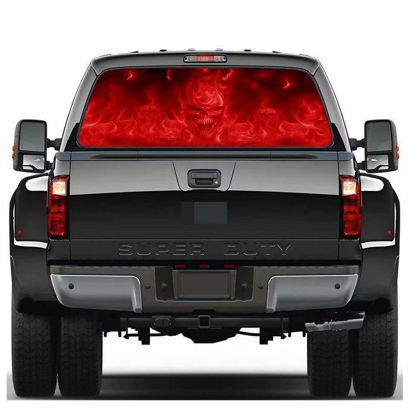 1PC Red Flame Evil Skull Back Gear Car Sticker Horror Rear Window Glass Color Autos Decals