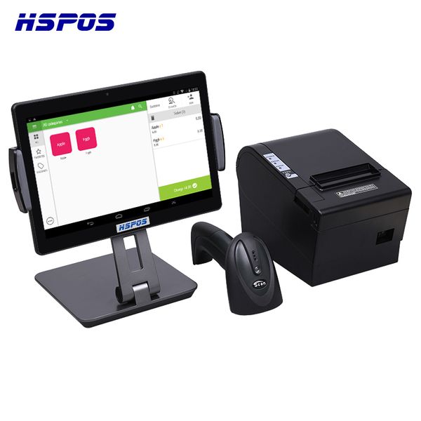 HSPOS hot sale retail 10 inch android pos terminal with printer and 1D Bluetooth Barcode scanner built in free cash register APP