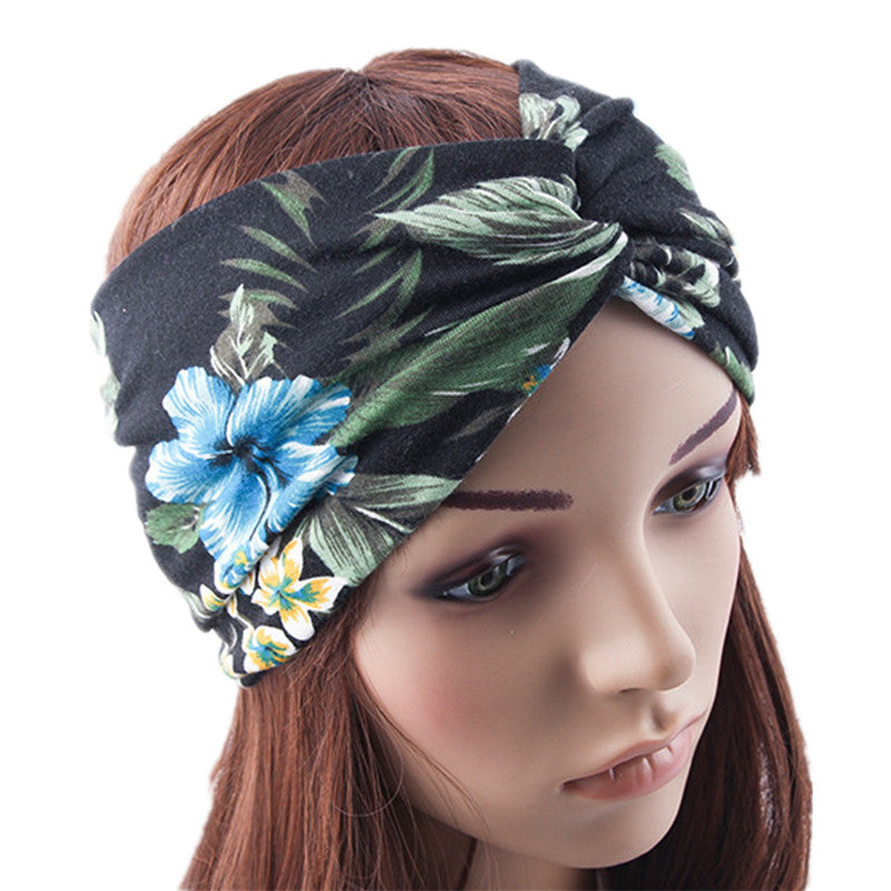 Women Vintage Tropic Plants Flower Pineapple Print Wide Cotton Headbands Cross Hairbands Boho Holiday Knitting Hair Bands