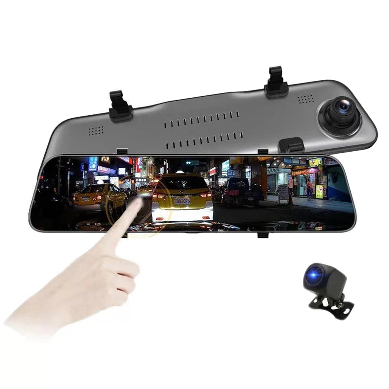 12&quot; big touch screen stream media camcorder 2Ch rearview mirror car DVR Hisilicon chip Sony image sensor 170Â°+140Â° FOV 2K+1080P recording