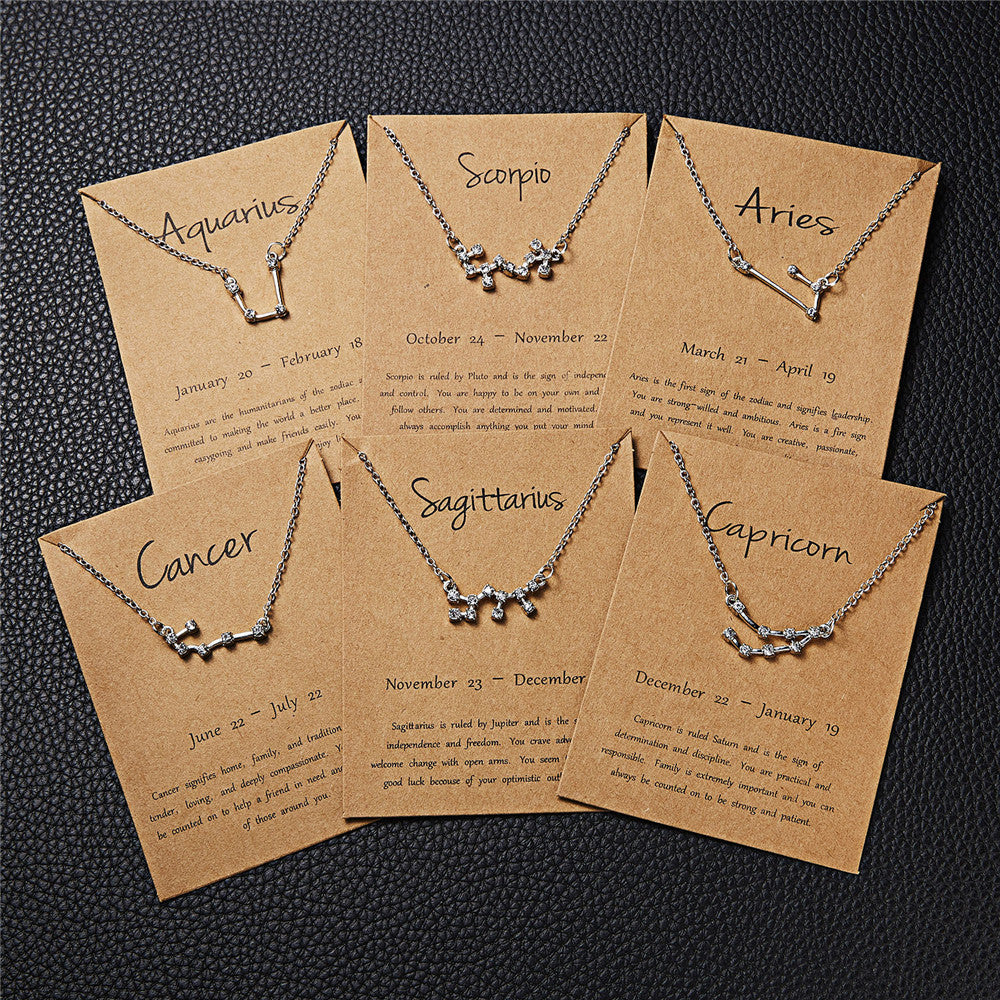Fashion European and American constellation Necklace 12 constellation zirconia diamond paper card Necklace personality clavicle Necklace