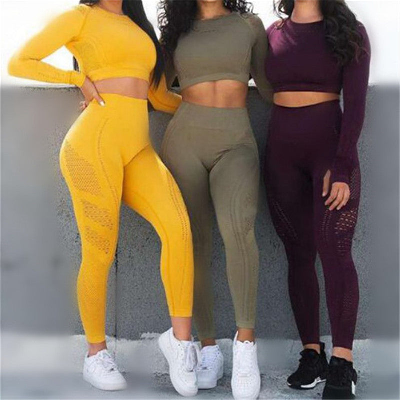 2 Piece Gym Suit Fitness Clothes Flawless Knitted Long Sleeve Compression Crop Top Seamless Leggings Yoga 2 Piece Set