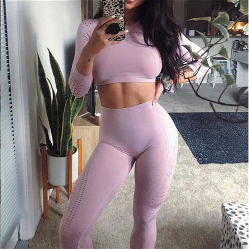 2 Piece Solid color Gym Suit Fitness Clothes Flawless Knitted Long Sleeve Compression Crop Top Seamless Leggings Yoga 2 Piece Set
