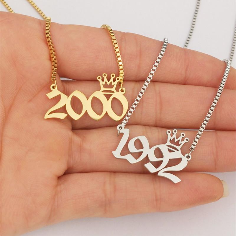 10pcs Bulk Year Chains Necklace Women Men Gift Old English Number Charm Necklaces Stainless Steel Jewelry Gold Silver Choker