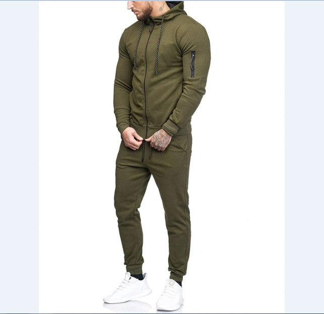 2 Pieces Sets Tracksuit Set Men Zipper Up Hooded Sweatshirt +Drawstring Pants Male Solid Cotton Hoodie Suit