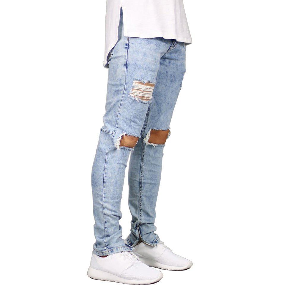 Men Jeans Stretch Destroyed Ripped Fashion Ankle Zipper Skinny Fit Jeans For Men High Street Clothes
