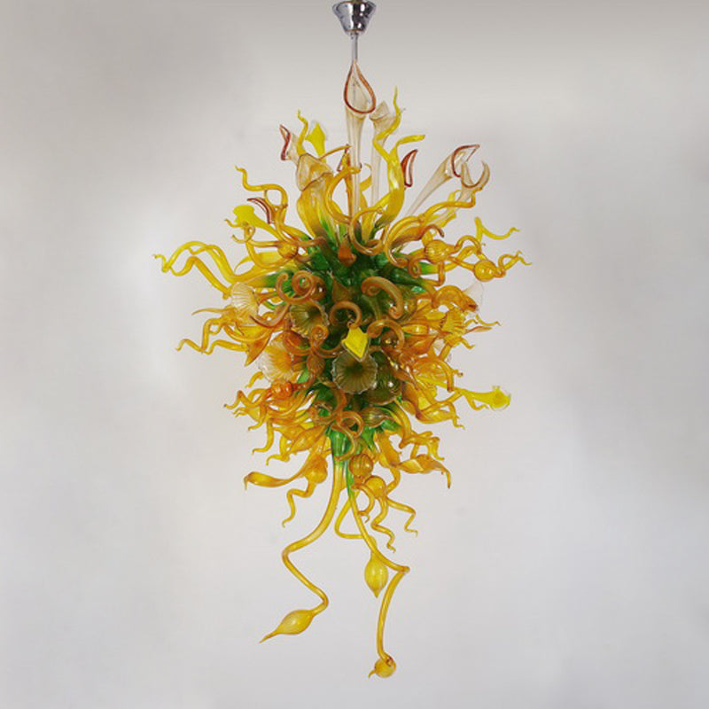 Contemporary Long Flower Chandelier Lighting Amber and Green Glass Shade Pendant Lamps Hand Blown Glass Chandelier with LED Bulbs