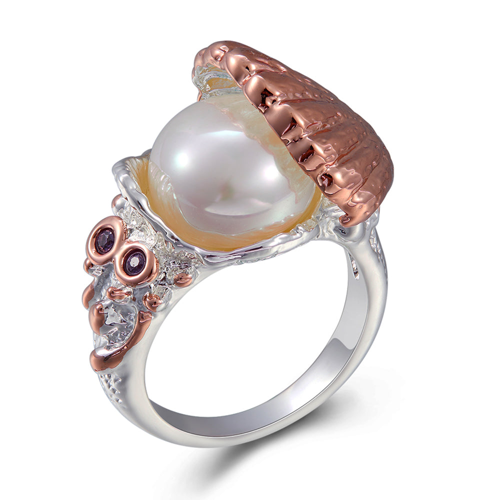 New Beautiful Shell design White Pearl Ring Jewellery Silver-Rose 2 tone plated Finger Rings Pretty High quality Jewelry