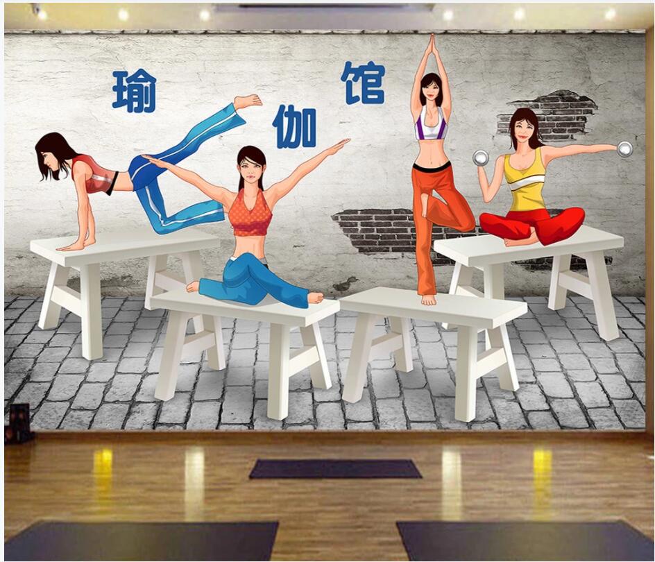 3d wallpaper custom photo Cartoon girl yoga culture wall fitness club painting home decor 3d wall murals wallpaper for walls 3 d living room