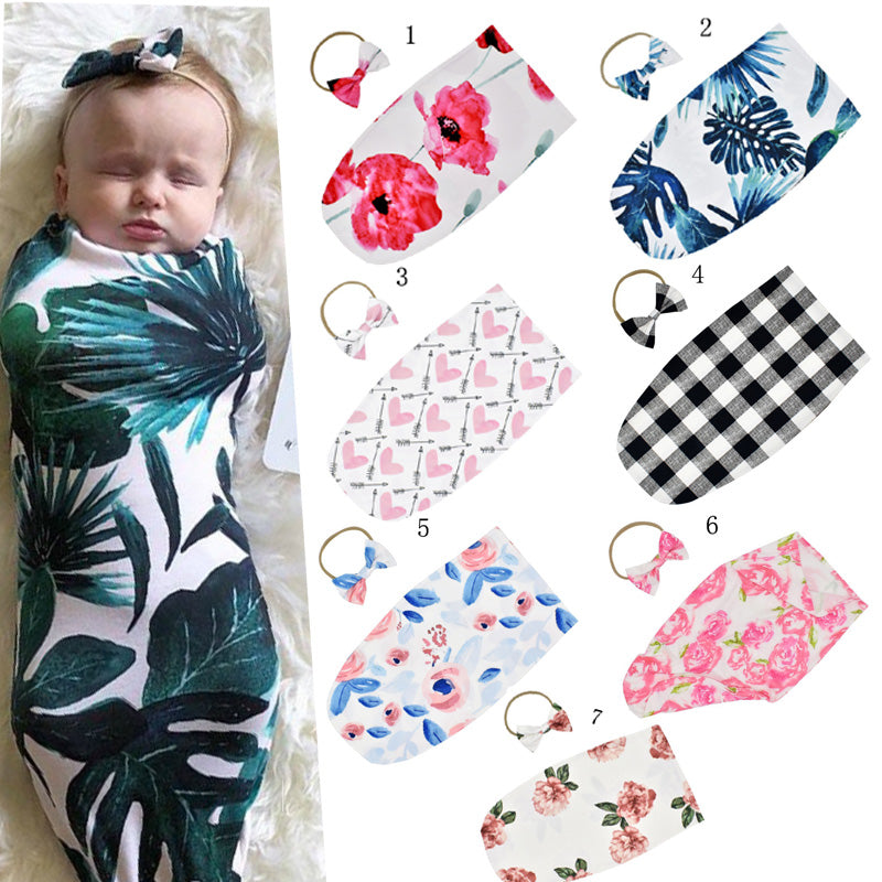 INS Floral printed baby sleeping bags with Bow Headband 2pcs set Swaddle Wraps Blankets Photographic Props Swaddling RN8013