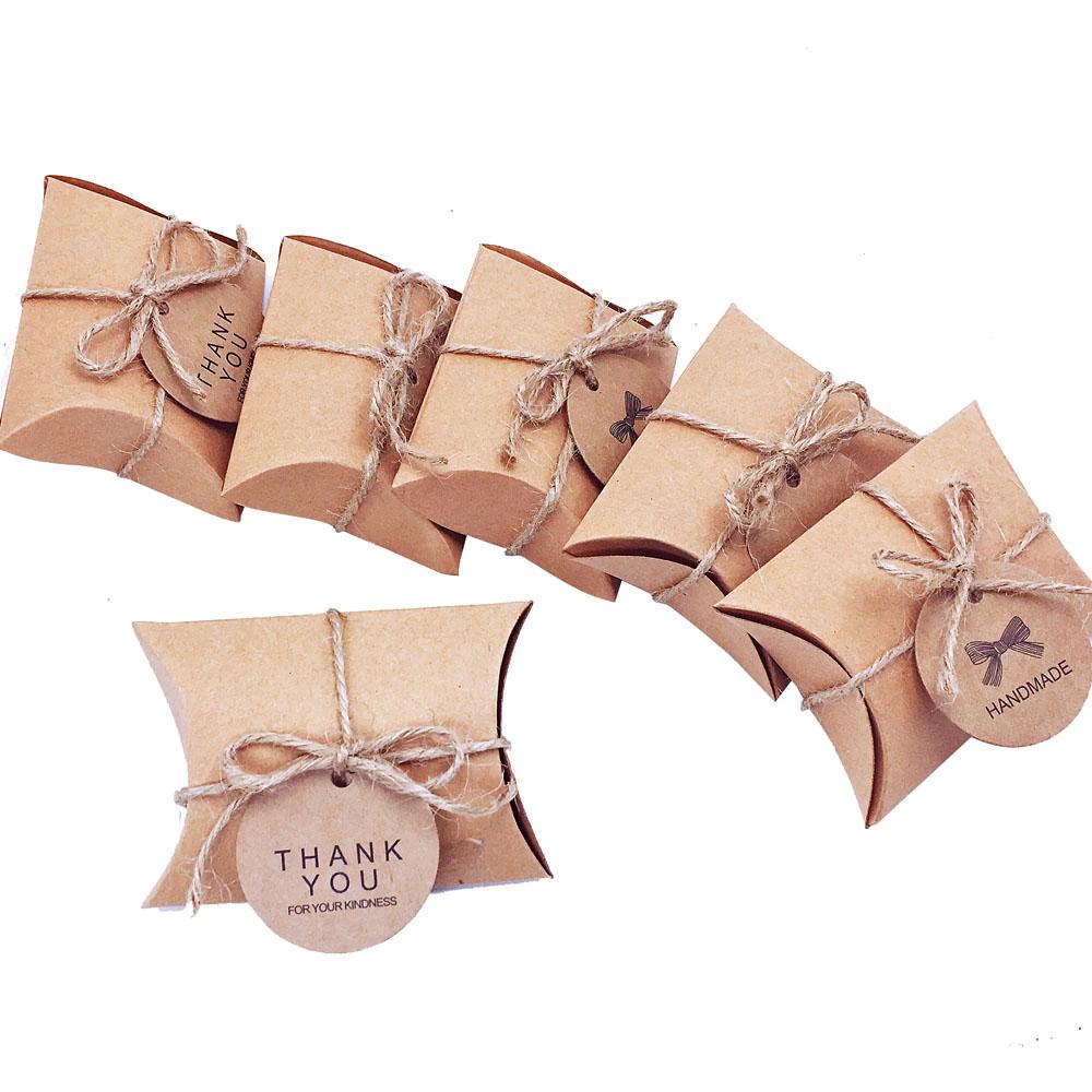 Cute Kraft Paper Pillow Candy Box Wedding Favors Gift Candy Boxes With Tags Home Party Birthday Supply