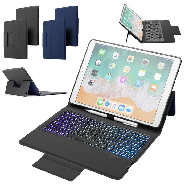 For iPad 10.2 2019 7 Color Backlight Wireless Bluetooth Keyboard Leather Case Stand Shockproof Smart Flip Cover with Build-in Pencil Holder