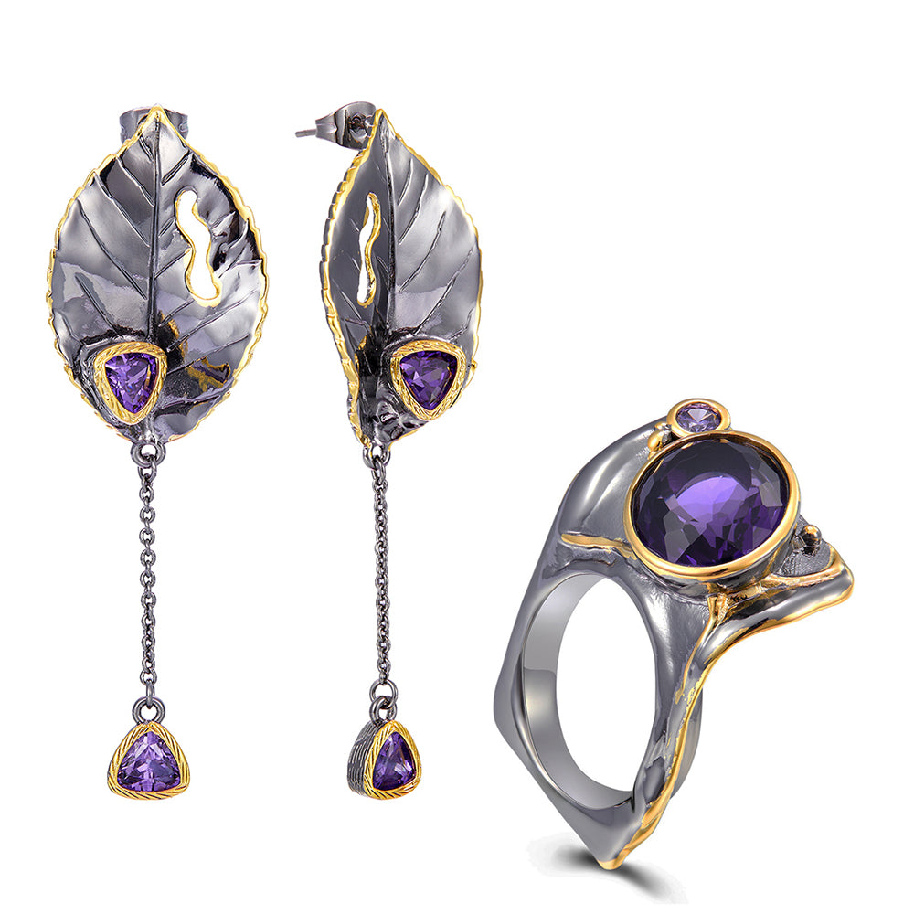 Cool Earrings ring sets Purple stones Jewelry Cocktail party Accessories Rings Women&#039;s Jewellery 2pcs set