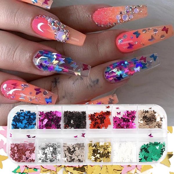 12 Grids-Set Butterfly Shape Nail Flakes 3D Holographic Laser Nail Glitter Sequins Manicure Decorations Art Tools