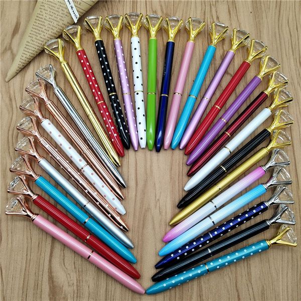 19 Colors Creative Crystal Glass Kawaii Ballpoint Pen Girl Student Ring Big Gem Ball Pen With Large Diamond Fashion School Office Supply