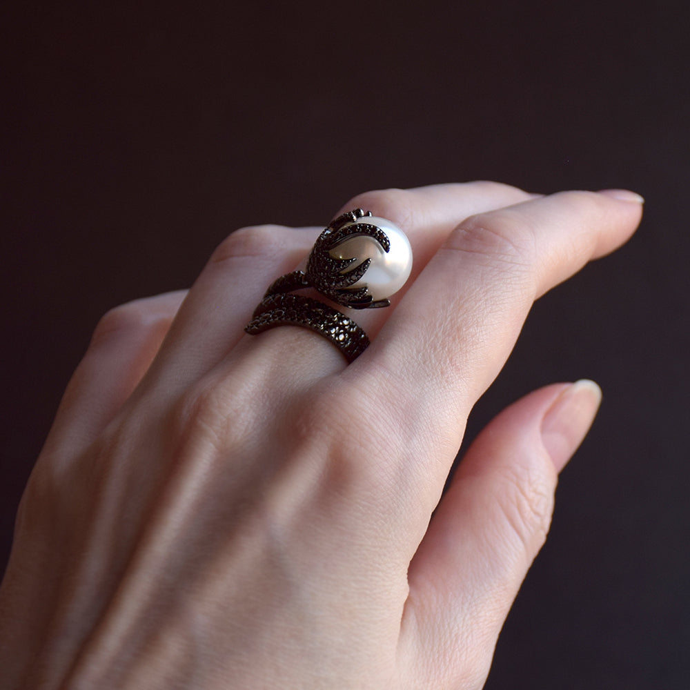 Black and White 14mm Pearl ring Women Fashion Jewelry Elegant Top Quality Beautiful Big Rings Female Jewellery