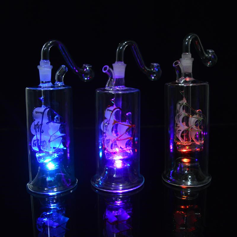 Colorful Bongs LED Light Oil Rigs Mini Glass Water Bongs Hookah Sailboat Dab Rig Recycler Bubbler Percolator with Banger 20&quot; Hose