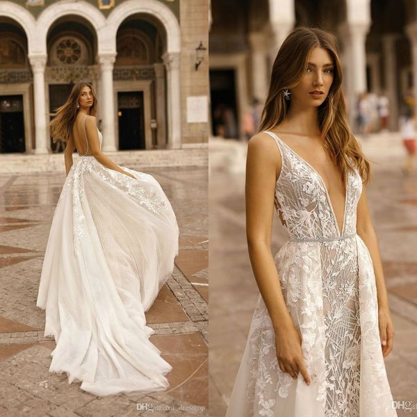 Princess Berta Mermaid Wedding Dresses With Overskirts V Neck Lace Bridal Gowns Queen Backless Beach Wedding Dress vestidos de noiva