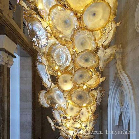 Golden Expensive Hand Blown Glass Art Lighting Fixture Flower Murano Hanging Plates Chandelier for Hotel Villa Stars Decor