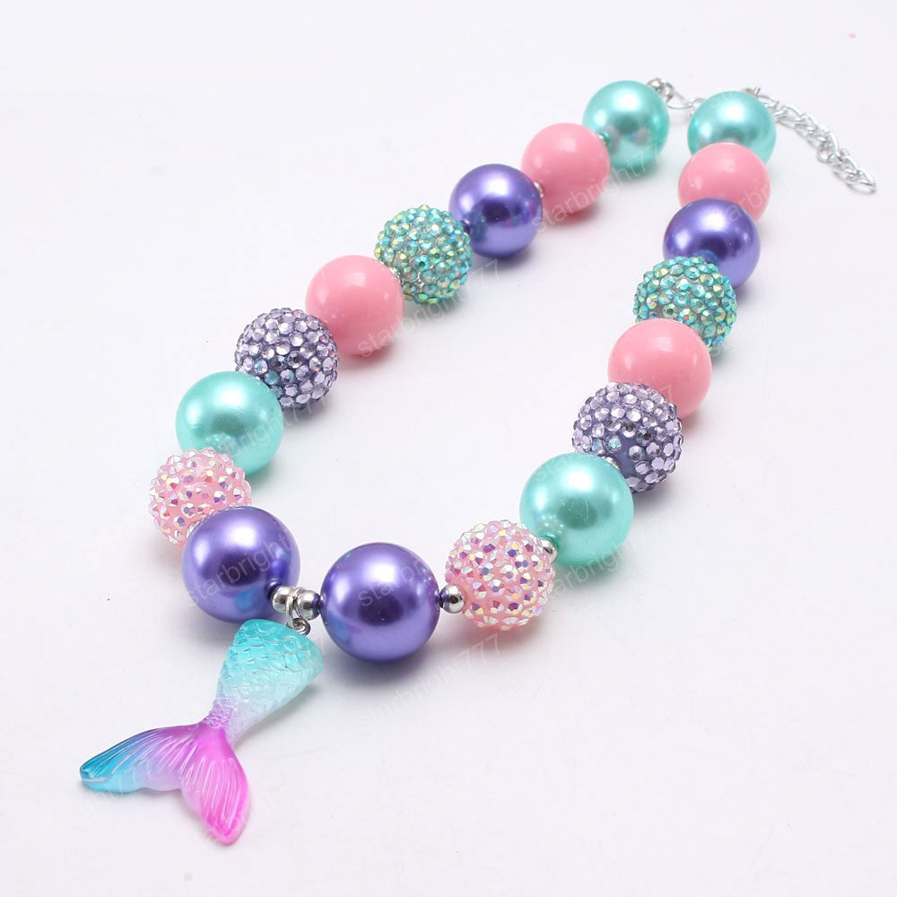 fashion colors girls chunky bubblegum beads necklace with mermaid tail pendant handmade necklace for baby kids best gift