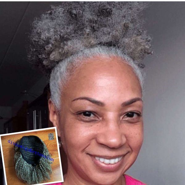 Short high silver grey real hair ponytail afro kinky curly puff,Salt and pepper natural kinky curly human hair topper updo drawstring 120g