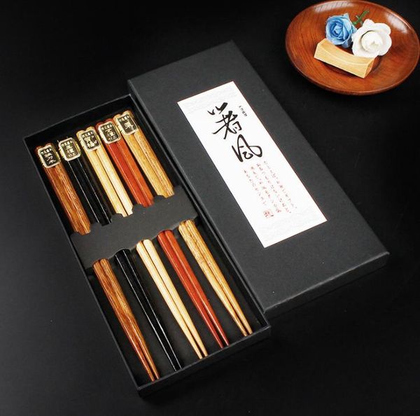 50set 5pair-set Chinese Wooden Chopsticks Tableware Anti-skid Household Wooden Set Chopsticks Holder Cutlery Gift Box SN539