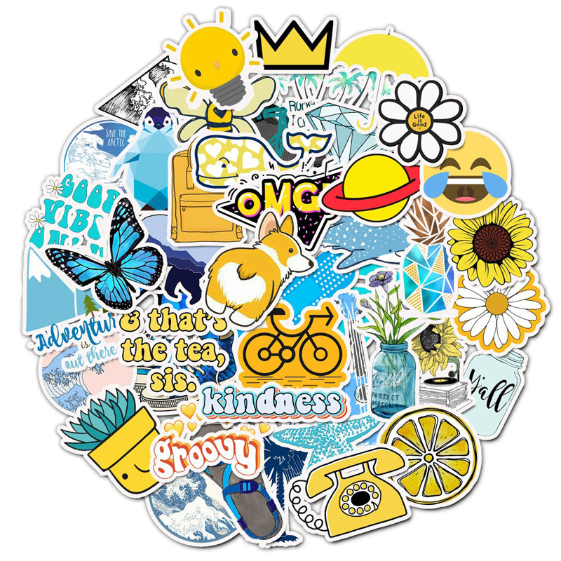 100pcs-Set Outdoors Sun Yellow Blue Aesthetic Sticker Pack Vinyl Waterproof Trendy Water Bottle Laptop Stickers Decal Graffiti Patches