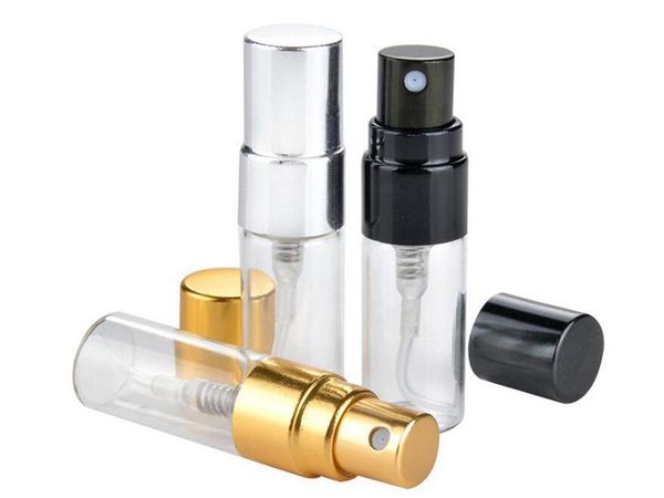 3ML Travel Refillable Glass Perfume Bottle With UV Sprayer Cosmetic Pump Spray Atomizer Silver Black Gold Cap