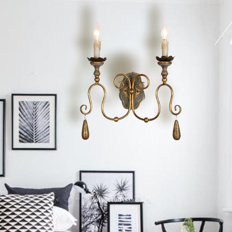 American Country Wall Lamps Living Room Aisle Retro Wrought Iron Wall Light Nostalgic French Model Wood Lamp Double Candle Sconce