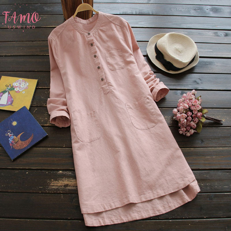 Plus Size Summer Women dresses Cotton Linen Solid Dress Long Sleeve Pockets Buttons Baggy Casual Party Loose Mini Vestidos